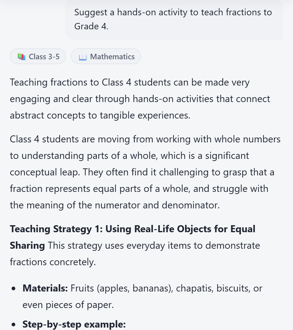 SarasTech Coach suggesting a hands-on fractions activity for Grade 4, tagged Class 3-5 and Mathematics